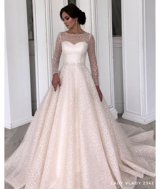 Свадебное платье а-силуэта с длинными рукавами  и  со шлейфом Lady Vlady 2019