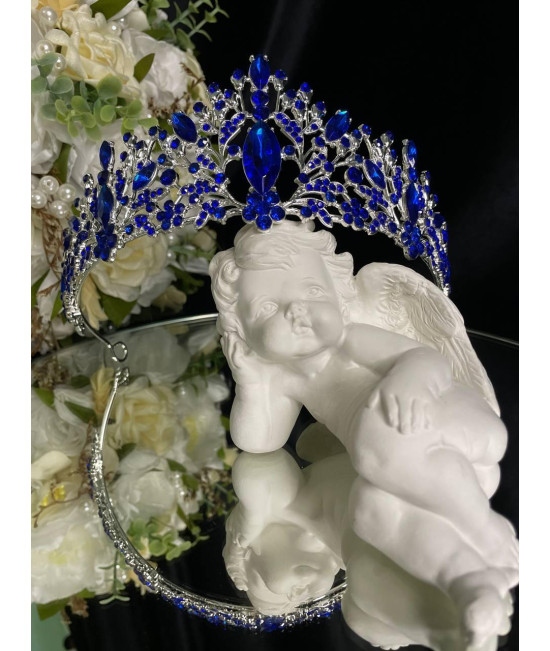 Діадема на петлях з камінням Swarovski Срібляста 15х6 см Діадема з синіми кристалами