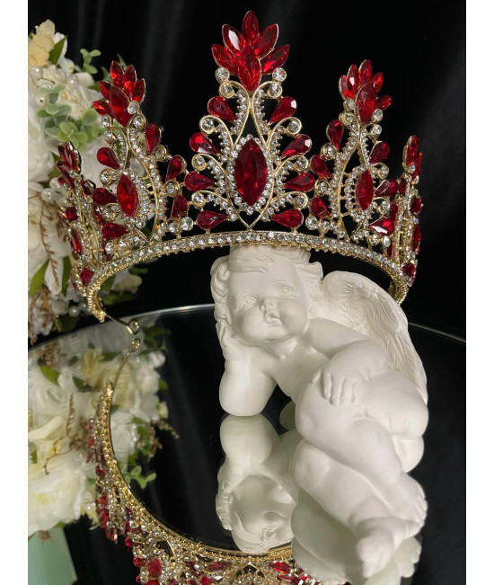 Діадема на петлях з камінням Swarovski Золотиста 17х9.5 см Красива корона з бордовими каменями