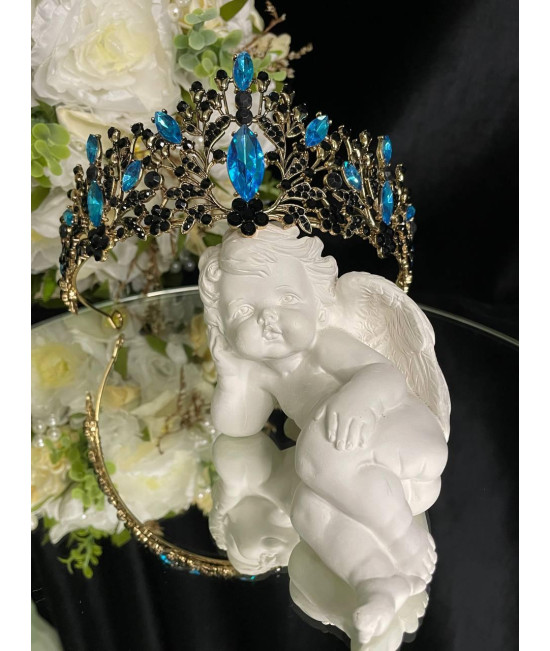Діадема на петлях з камінням Swarovski Золотиста Діадема з чорно-блакитним камінням Тіара нареченої