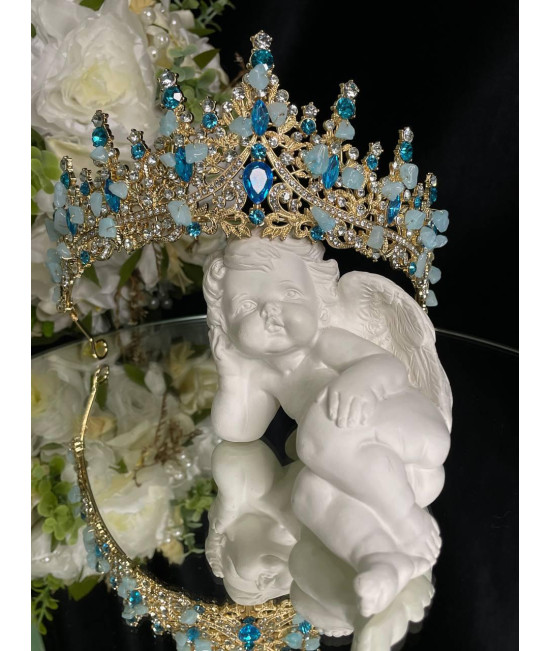 Діадема на петлях з камінням Swarovski Золотиста Діадема з блакитним камінням Тіара з елементами ручної роботи