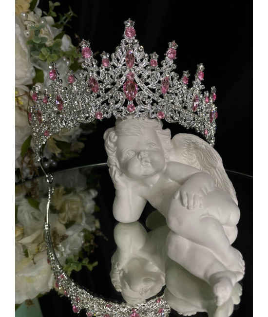 Діадема на петлях з камінням Swarovski Срібляста з рожевим камінням 15х6.5 см Діадема інкрустована камінням