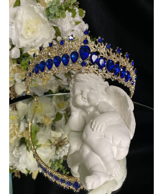Діадема на петлях з камінням Swarovski Золотиста 15х5 см Корона з синіми стразами Елегантна корона