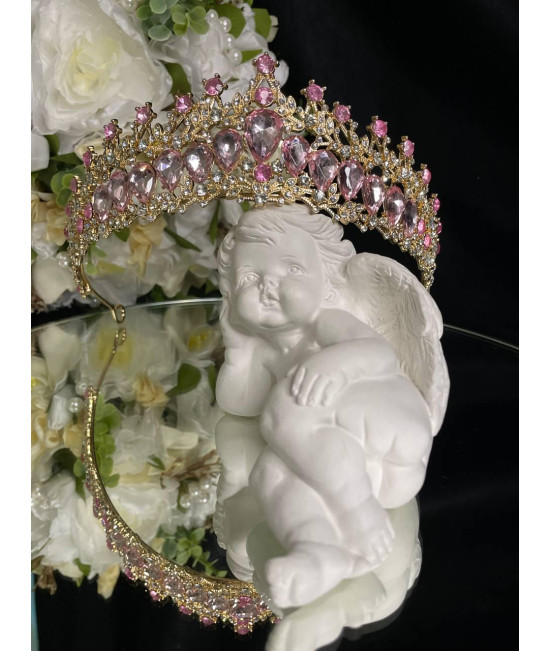 Діадема на петлях з камінням Swarovski Золотиста 15х5 см Діадема з рожевими кристалами