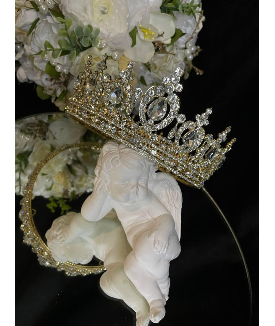 Корона з камінням Swarovski Золото 14х6.5 см Класична корона з камінням Корона зі сріблястим камінням