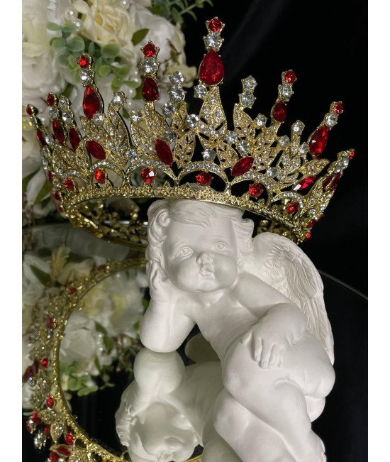Корона з червоним камінням Swarovski Золото 7.5 см Красива корона для наречених Золотиста корона з камінням