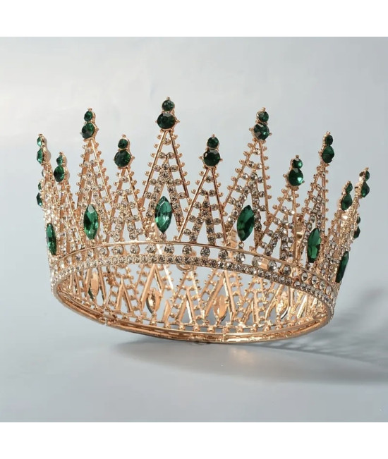 Корона із зеленим камінням Swarovski Золото 13х7 см Діадема з камінням для урочистостей